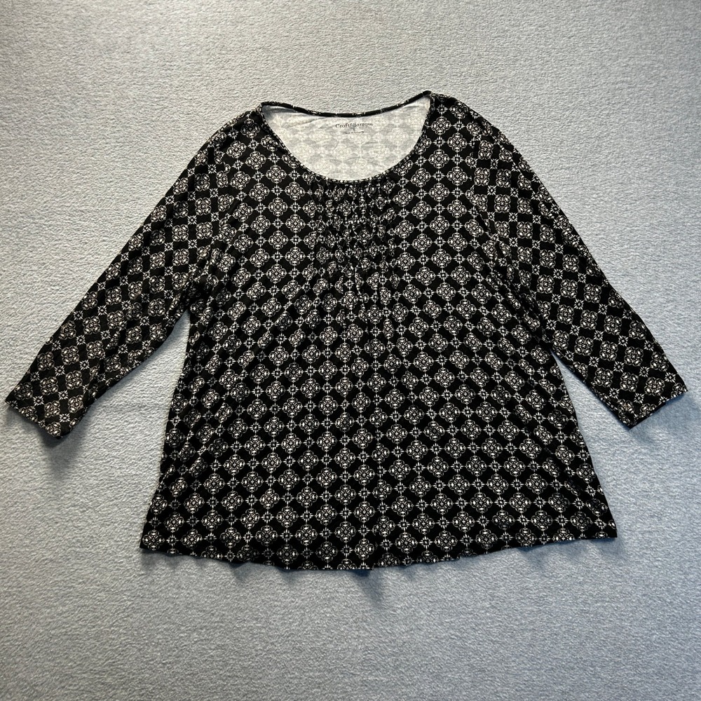 Croft & Barrow 3/4‎ Sleeve Blouse Womens Large Black Geometric Print Tunic Top
